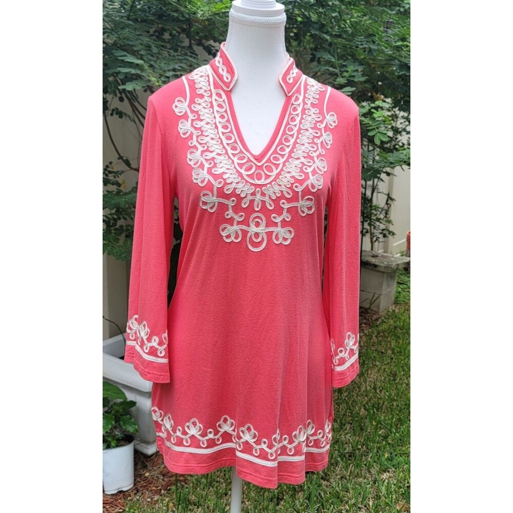 Cristina Pink Tunic Mini Dress White Soutache Embroidered Beach Cover Up Indie